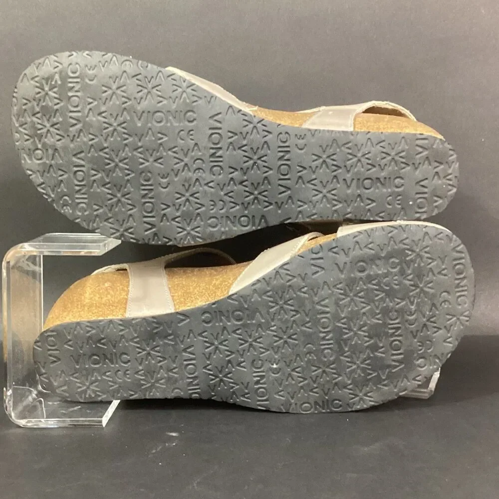 Vionic Orthaheel Strappy Slingback-Women 7-Tan-Flower-Buckle-Cork Heel-Gibraltar